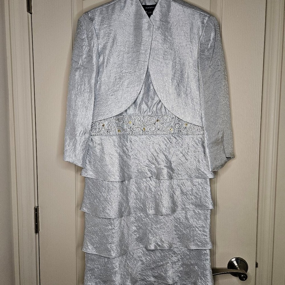 R&M Richards Silver Cocktail Dress & Jacket, knee length embroidered waist sz 12